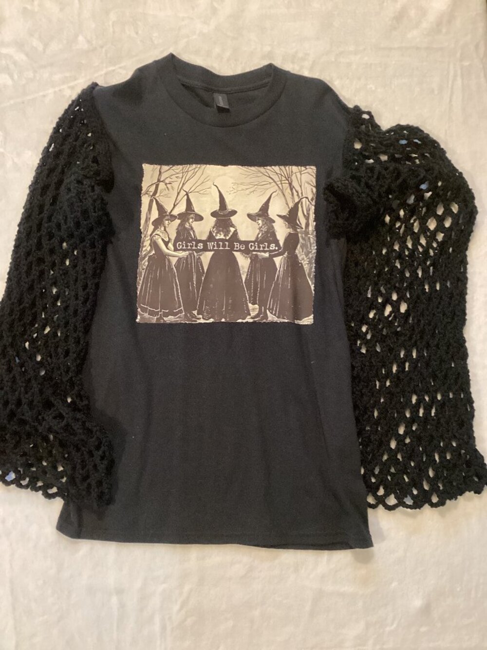 Upcycled Girls Will Be Girls Witch Tee Crochet Sleeves Small